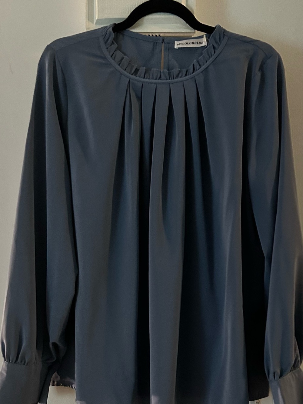 MyColorBlue Slate Blue Pleated Long-Sleeve Blouse